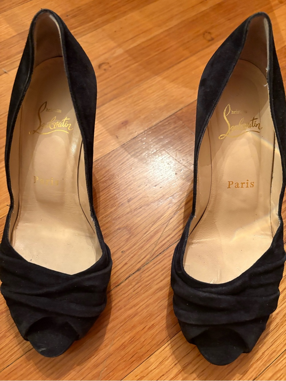 Christian Louboutin Black Suede Peep-Toe Heels with Ruched Detail